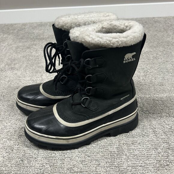 Sorel Caribou Boots Women’s 9.5 Waterproof Mid Calf Snow Winter Black Leather - Picture 1 of 11